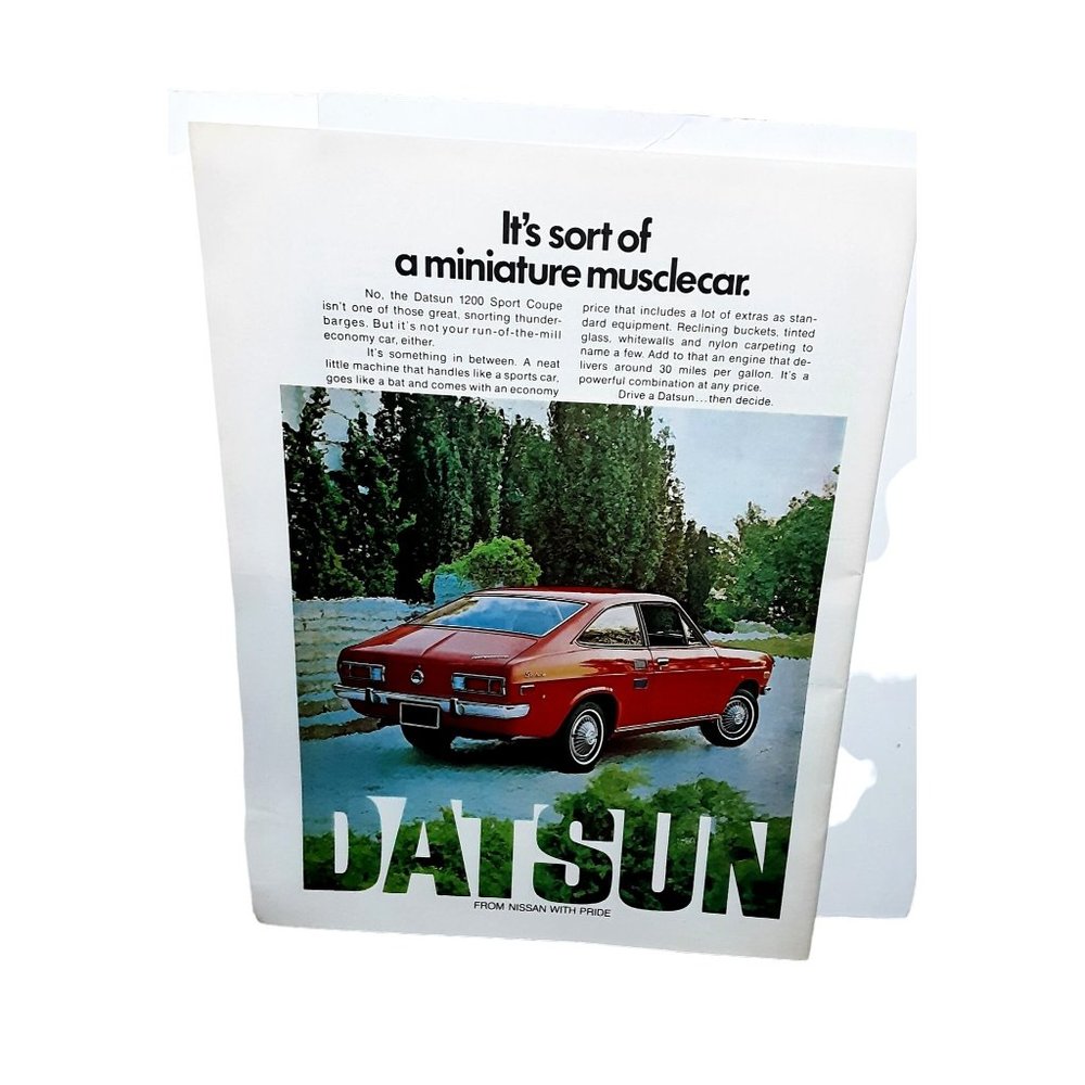 1972 Datsun 1200 Sport Coupe Car Miniature Musclecar Vintage Print Ad 70s